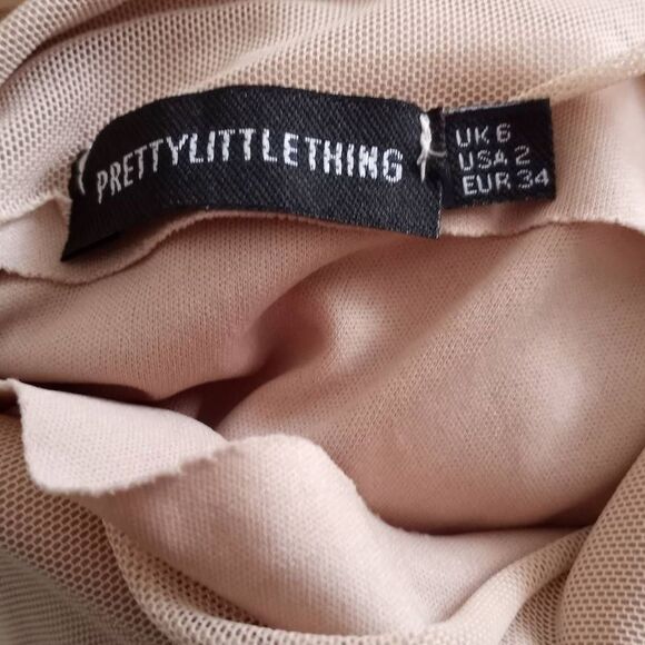 PRETTYLITTLETHING Nude Mesh High Neck Long Sleeve Ruched Skirt Midi Dress SZ 2 E - Picture 7 of 8